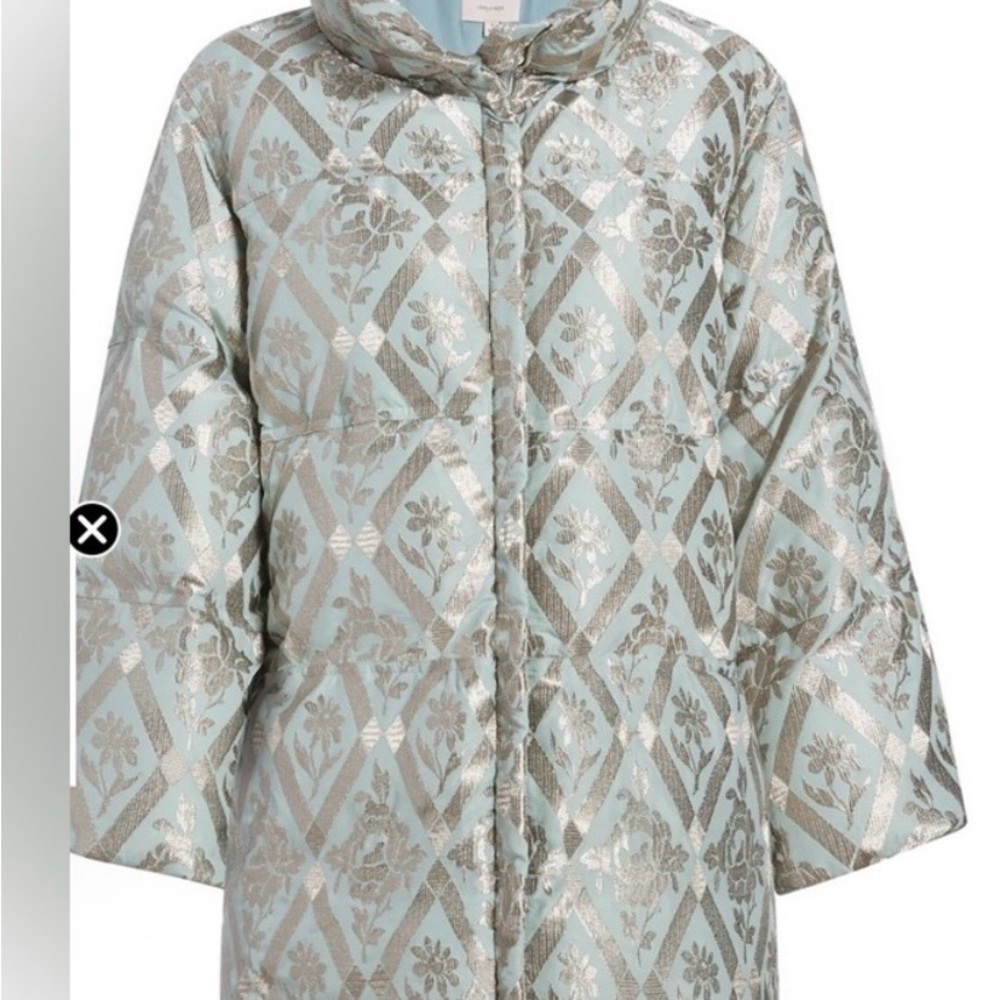 Cinq à Sept Silver and Blue Floral Puffer Coat